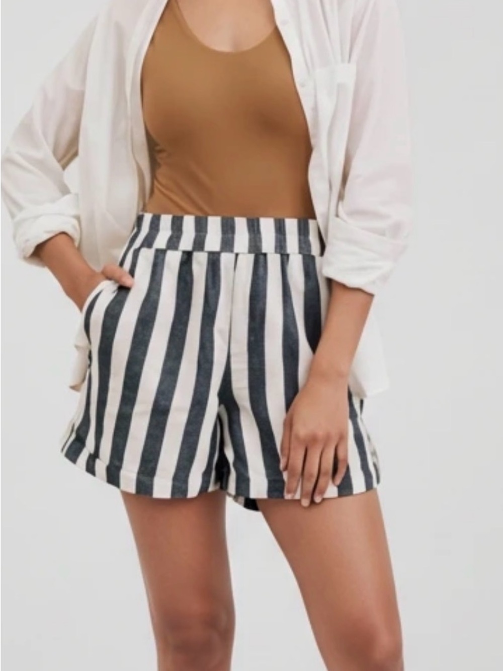 Striped High-Waist Linen Blend Shorts - Blue & White